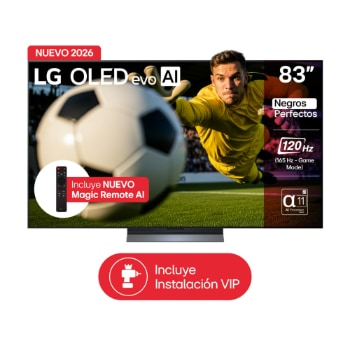 Vista frontal de TV LG OLED evo AI 83" – La cancha en tu sala, imagen y sonido realista OLED83C6PSA